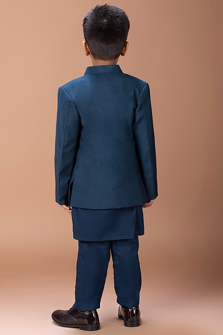 Dark Blue Silk Satin Thread Embroidered Kurta Set For Boys by LITTLE BRATS at Pernia's Pop Up Shop