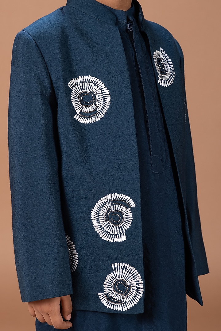 Dark Blue Silk Satin Thread Embroidered Kurta Set For Boys by LITTLE BRATS at Pernia's Pop Up Shop