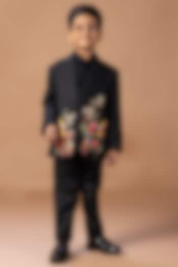 Black Cotton Blend Floral Embroidered Tuxedo Set For Boys by LITTLE BRATS at Pernia's Pop Up Shop