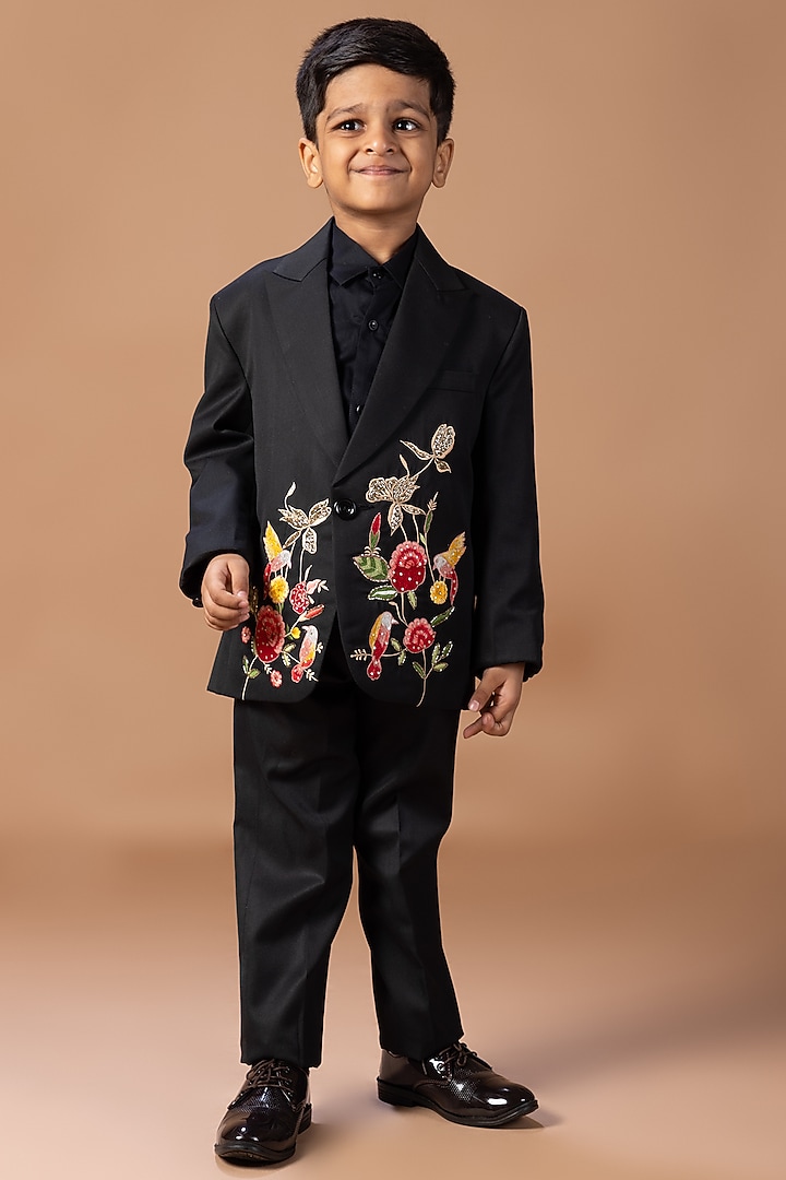 Black Cotton Blend Floral Embroidered Tuxedo Set For Boys by LITTLE BRATS at Pernia's Pop Up Shop