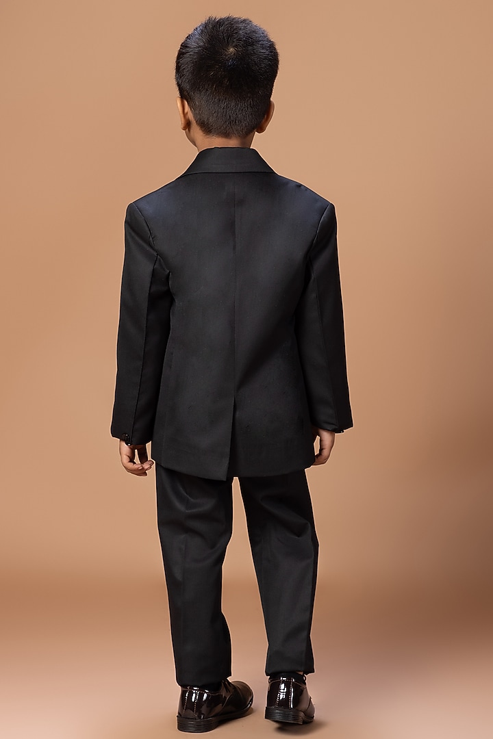 Black Cotton Blend Floral Embroidered Tuxedo Set For Boys by LITTLE BRATS at Pernia's Pop Up Shop