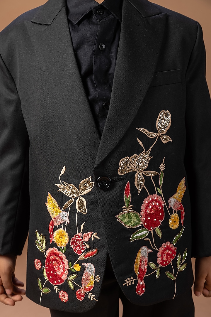 Black Cotton Blend Floral Embroidered Tuxedo Set For Boys by LITTLE BRATS at Pernia's Pop Up Shop