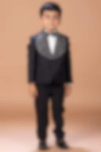 Black Cotton Blend Hand Embroidered Tuxedo Set For Boys by LITTLE BRATS at Pernia's Pop Up Shop