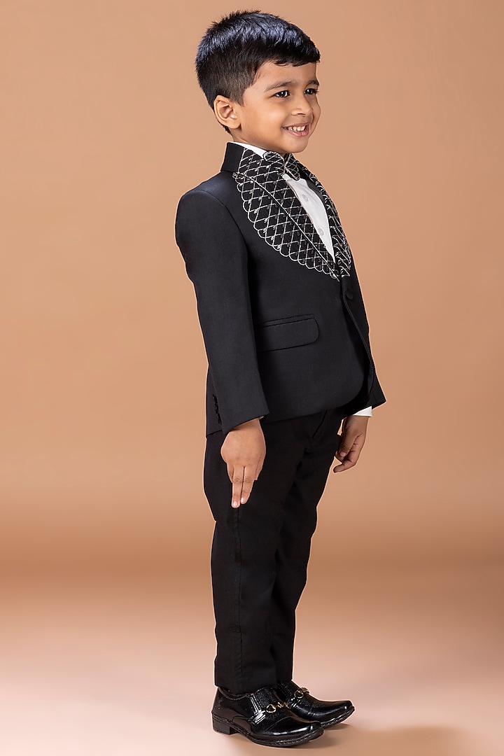 Black Cotton Blend Hand Embroidered Tuxedo Set For Boys by LITTLE BRATS at Pernia's Pop Up Shop