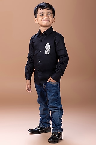 Black Cotton Blend Hand Embroidered Shirt For Boys by LITTLE BRATS