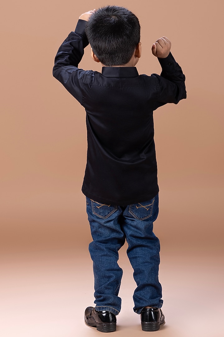 Black Cotton Blend Hand Embroidered Shirt For Boys by LITTLE BRATS at Pernia's Pop Up Shop