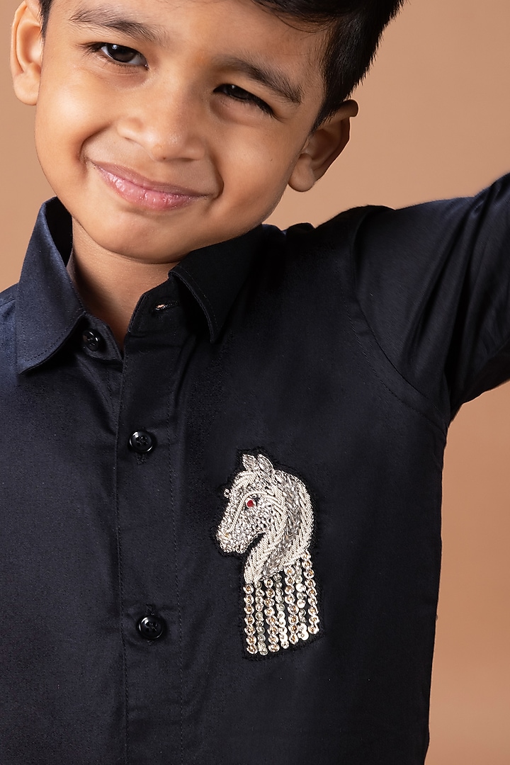 Black Cotton Blend Hand Embroidered Shirt For Boys by LITTLE BRATS at Pernia's Pop Up Shop