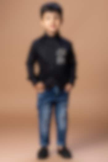 Black Cotton Blend Hand Embroidered Shirt For Boys by LITTLE BRATS at Pernia's Pop Up Shop
