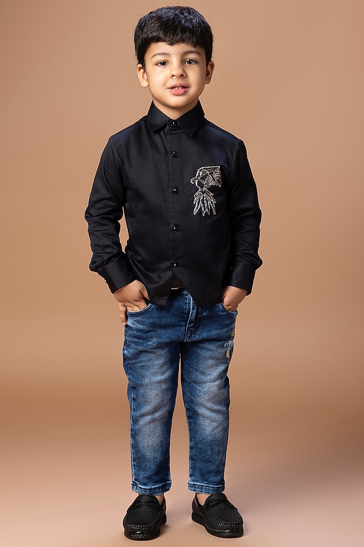 Black Cotton Blend Hand Embroidered Shirt For Boys by LITTLE BRATS at Pernia's Pop Up Shop