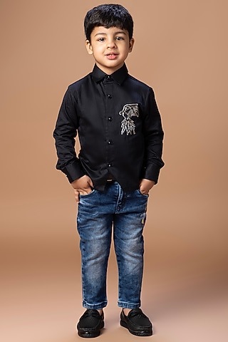 Black Cotton Blend Hand Embroidered Shirt For Boys by LITTLE BRATS