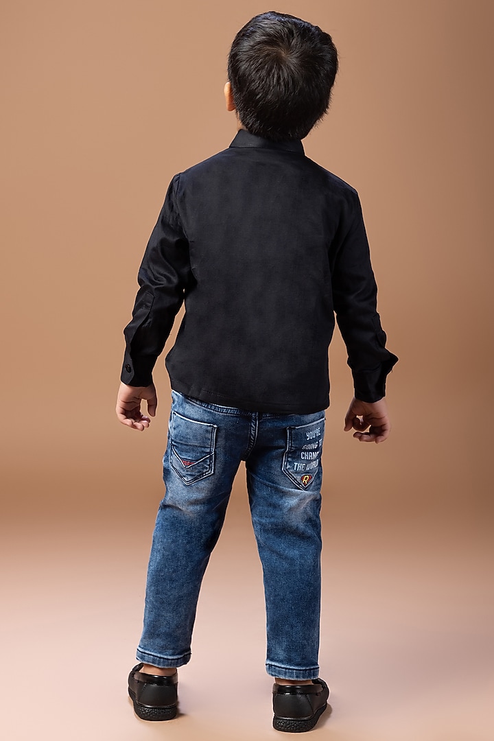 Black Cotton Blend Hand Embroidered Shirt For Boys by LITTLE BRATS at Pernia's Pop Up Shop