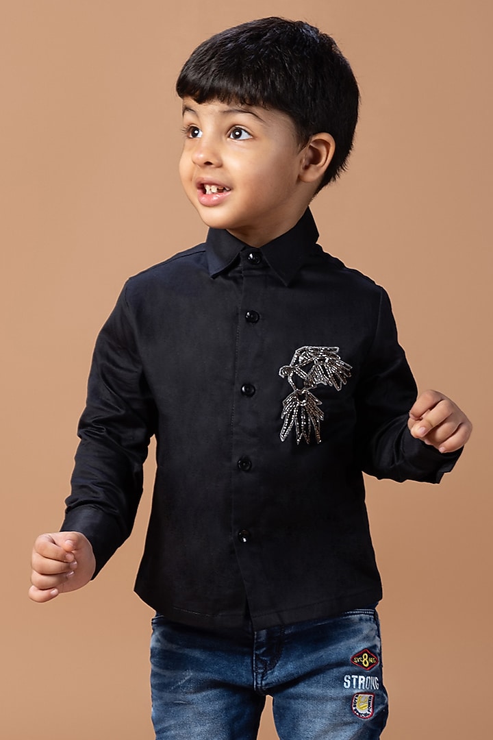 Black Cotton Blend Hand Embroidered Shirt For Boys by LITTLE BRATS at Pernia's Pop Up Shop