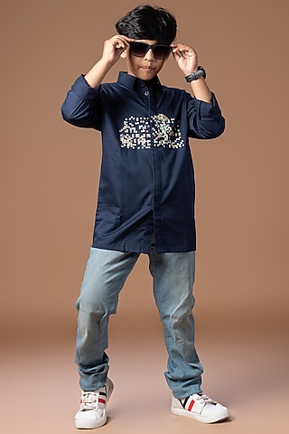 Navy Blue Cotton Blend Shirt For Boys by LITTLE BRATS