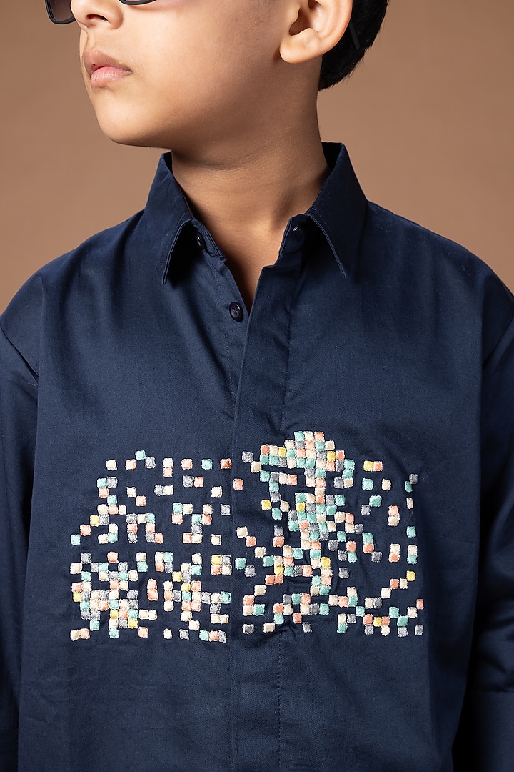 Navy Blue Cotton Blend Shirt For Boys by LITTLE BRATS at Pernia's Pop Up Shop