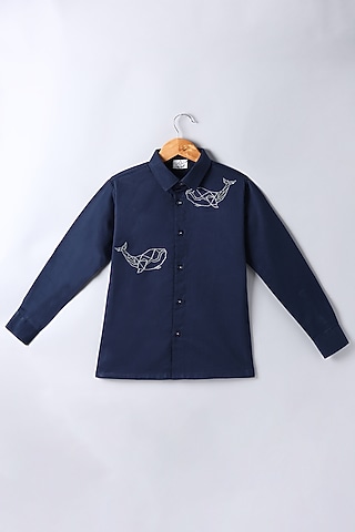 Navy Blue Cotton Blend Embroidered Shirt For Boys by LITTLE BRATS