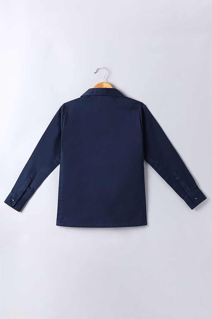 Navy Blue Cotton Blend Embroidered Shirt For Boys by LITTLE BRATS at Pernia's Pop Up Shop