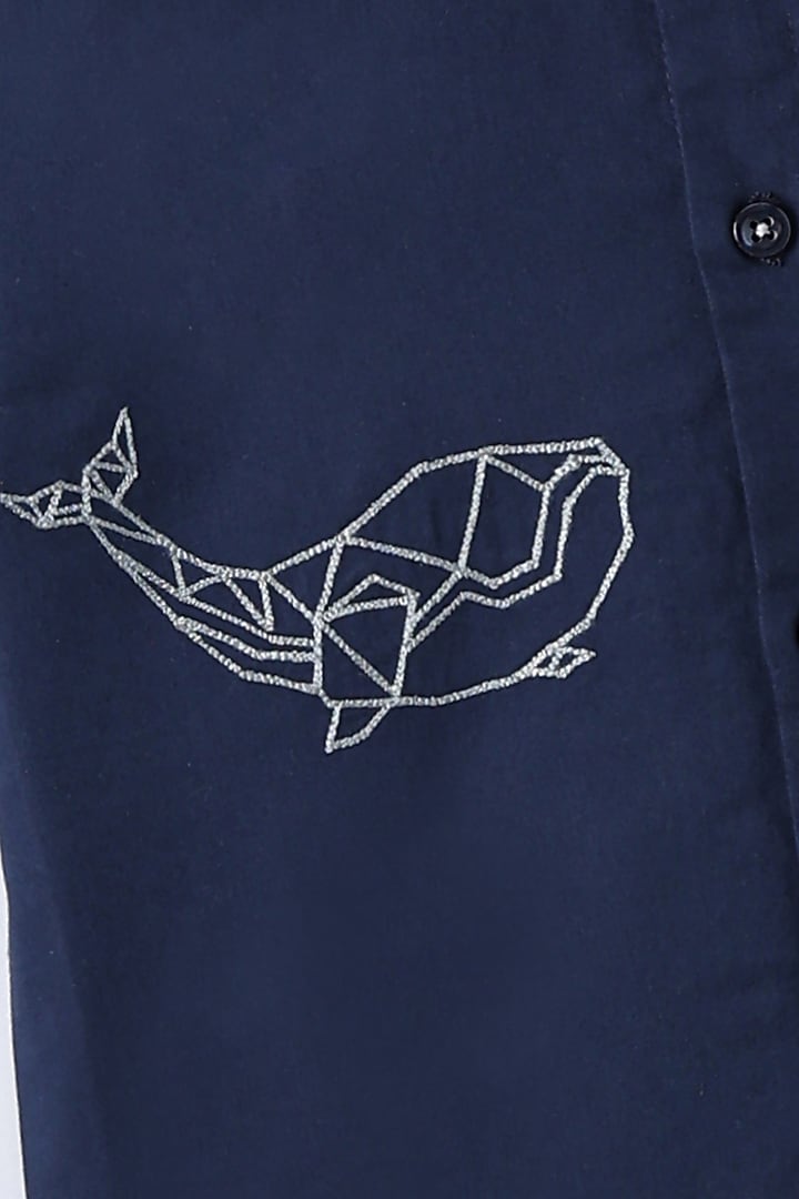 Navy Blue Cotton Blend Embroidered Shirt For Boys by LITTLE BRATS at Pernia's Pop Up Shop
