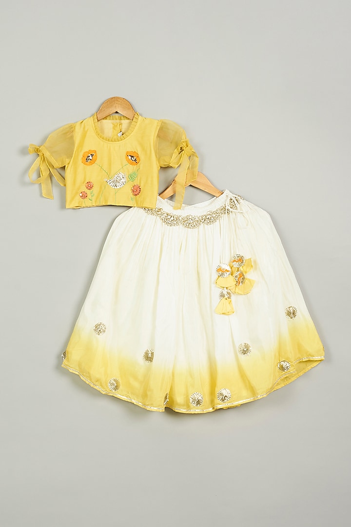Yellow Shaded Embroidered Lehenga Set For Girls by LITTLE BRATS