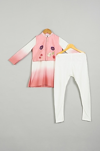 Pink Shaded Kurta Set With Nehru Jacket For Boys by LITTLE BRATS