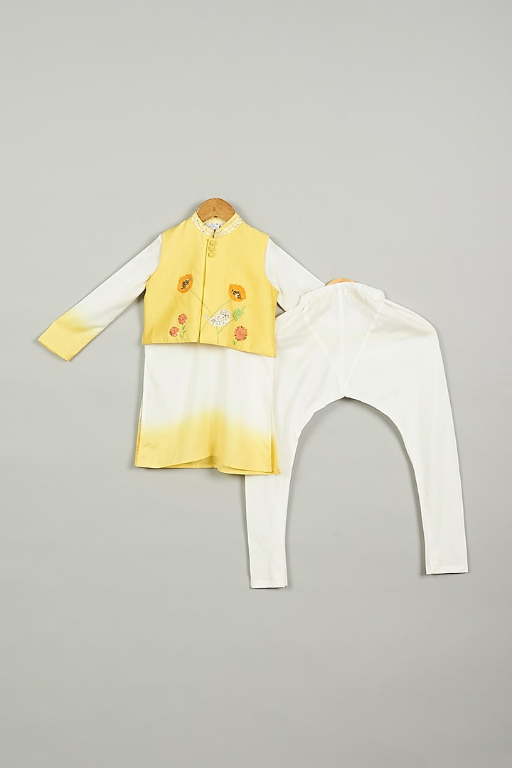 Yellow Shaded Kurta Set With Nehru Jacket For Boys by LITTLE BRATS