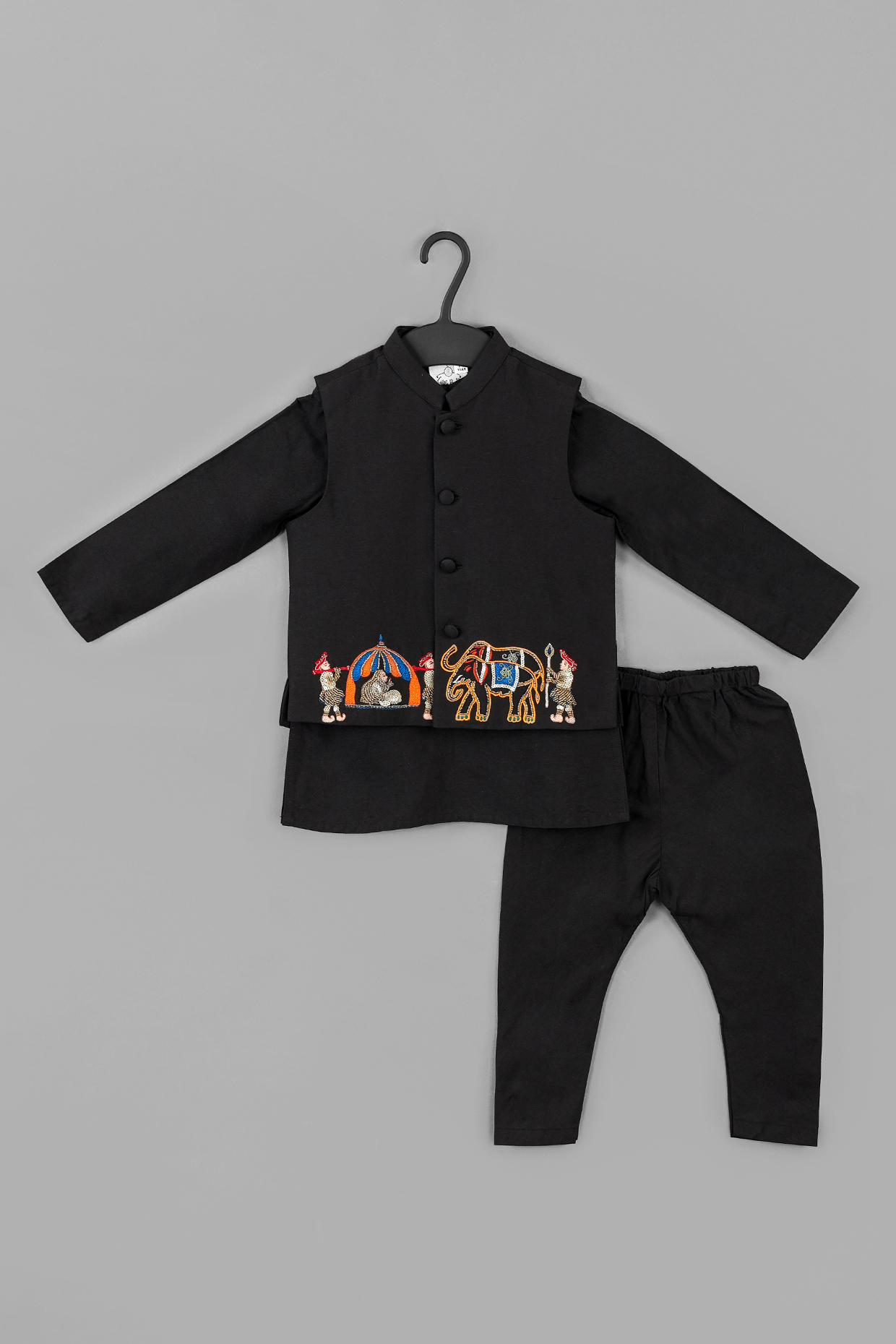 Black Cotton Silk Embroidered Bandhgala Set For Boys by LITTLE BRATS