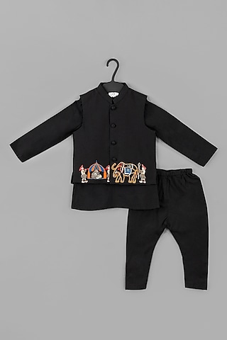 Black Cotton Silk Embroidered Bandhgala Set For Boys by LITTLE BRATS