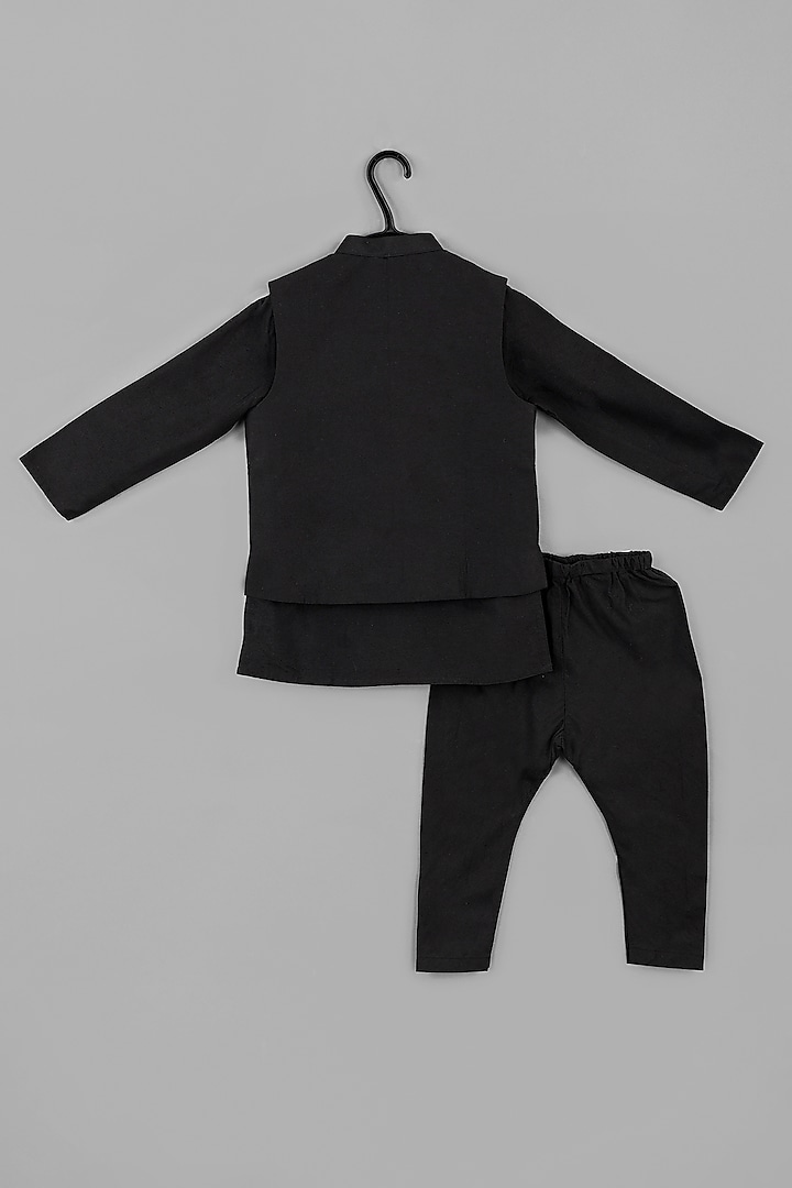 Black Cotton Silk Embroidered Bandhgala Set For Boys by LITTLE BRATS at Pernia's Pop Up Shop