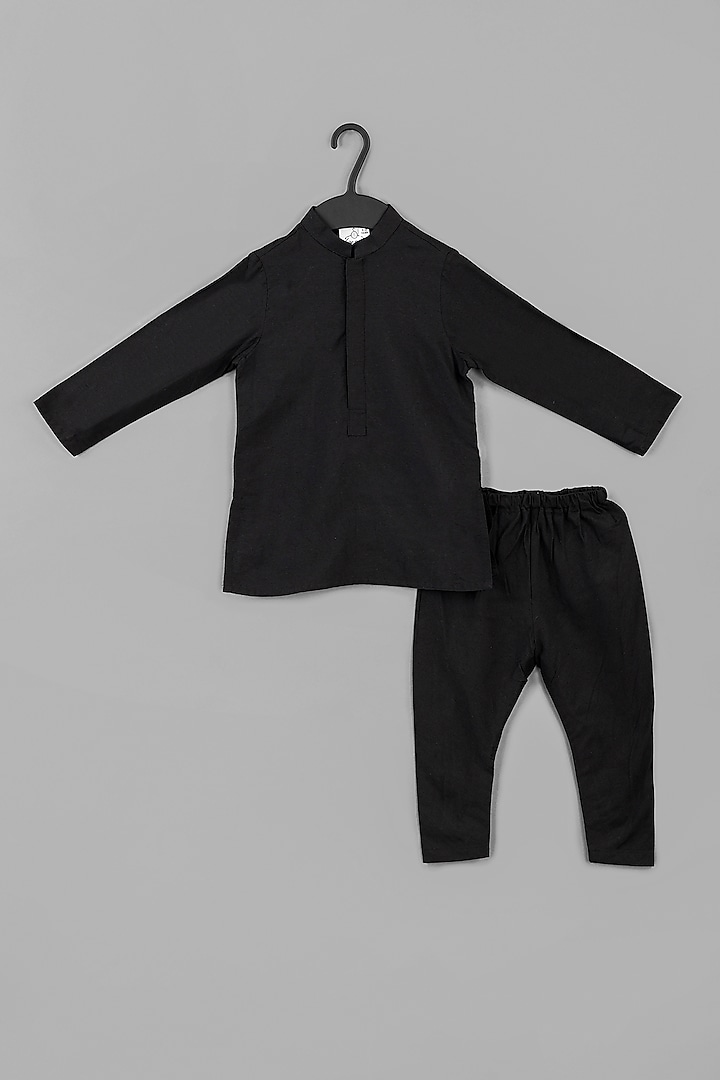 Black Cotton Silk Embroidered Bandhgala Set For Boys by LITTLE BRATS at Pernia's Pop Up Shop