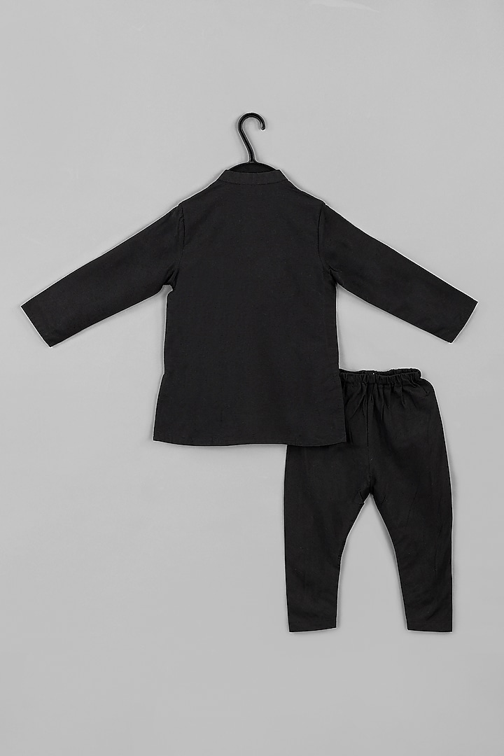 Black Cotton Silk Embroidered Bandhgala Set For Boys by LITTLE BRATS at Pernia's Pop Up Shop