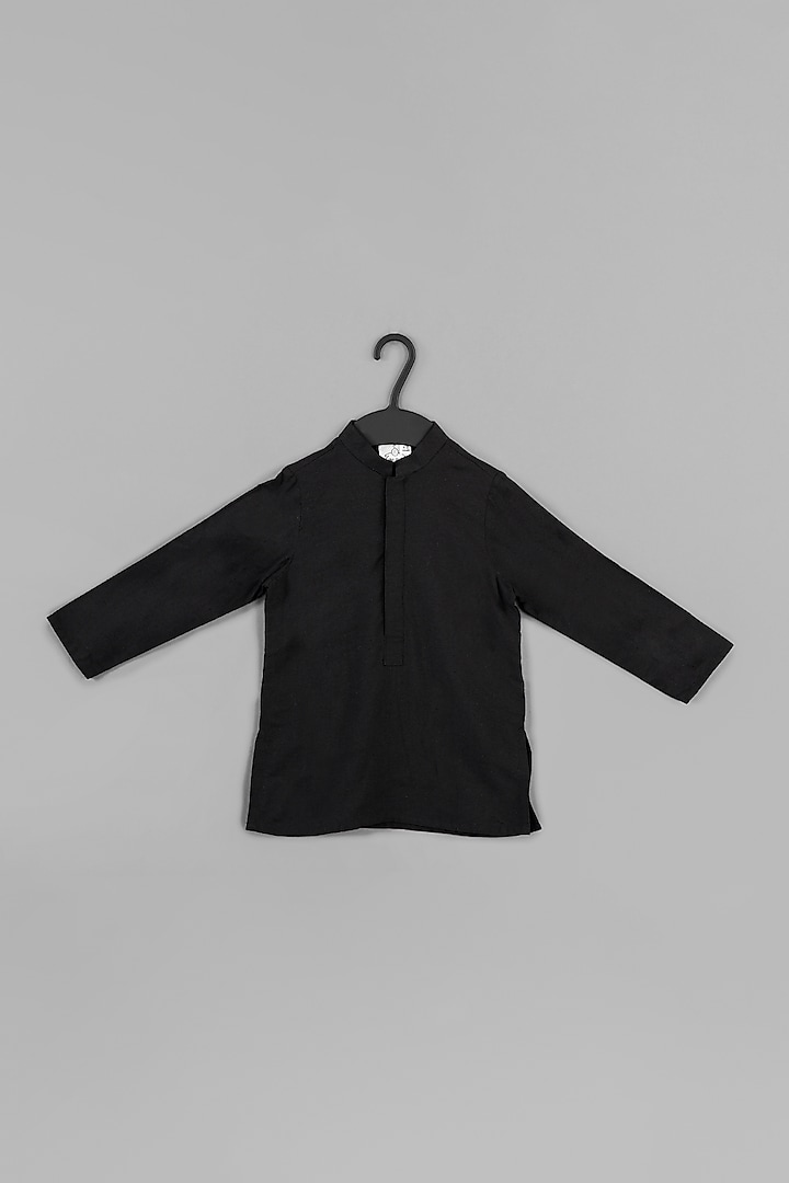 Black Cotton Silk Embroidered Bandhgala Set For Boys by LITTLE BRATS at Pernia's Pop Up Shop