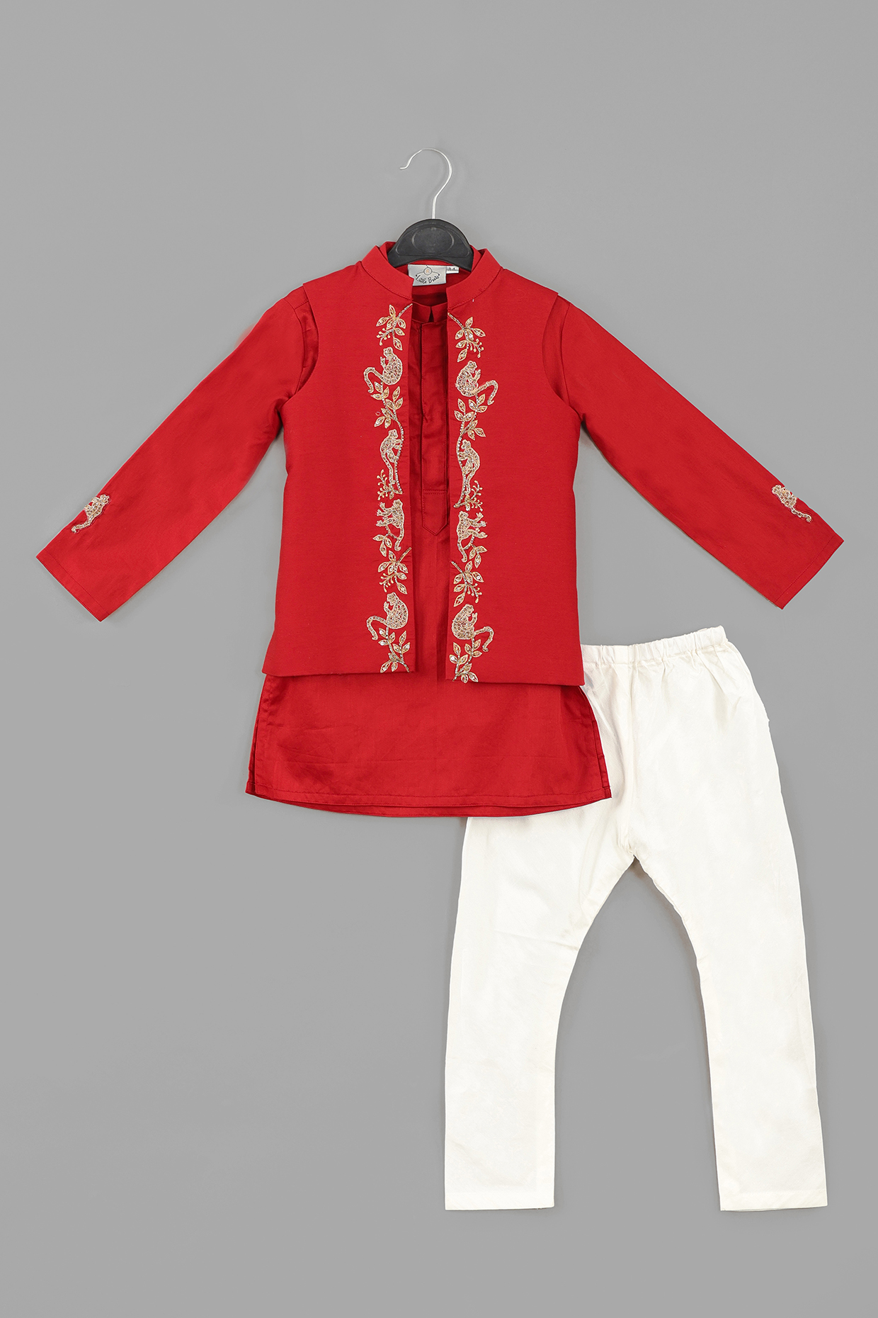 Maroon Cotton Silk Hand Embroidered Jacket Set For Boys by LITTLE BRATS
