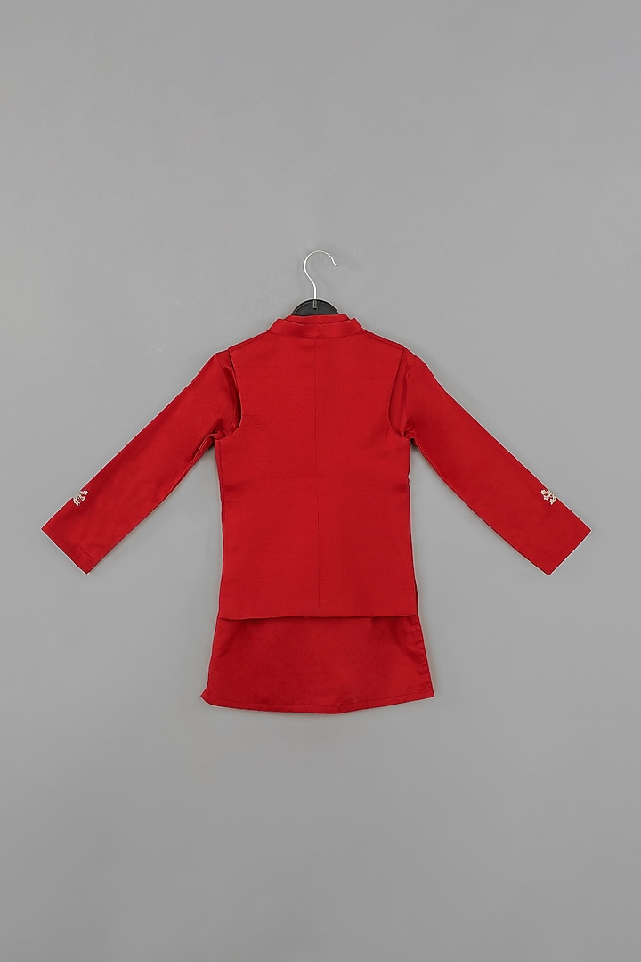 Maroon Cotton Silk Hand Embroidered Jacket Set For Boys by LITTLE BRATS at Pernia's Pop Up Shop