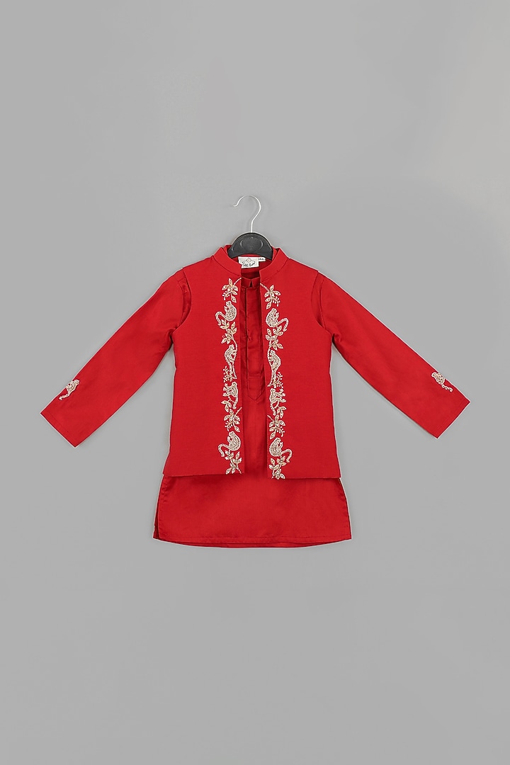 Maroon Cotton Silk Hand Embroidered Jacket Set For Boys by LITTLE BRATS at Pernia's Pop Up Shop