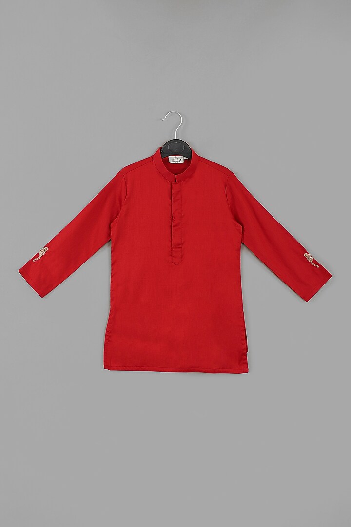 Maroon Cotton Silk Hand Embroidered Jacket Set For Boys by LITTLE BRATS at Pernia's Pop Up Shop