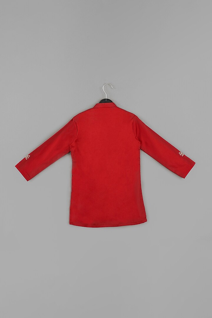 Maroon Cotton Silk Hand Embroidered Jacket Set For Boys by LITTLE BRATS at Pernia's Pop Up Shop