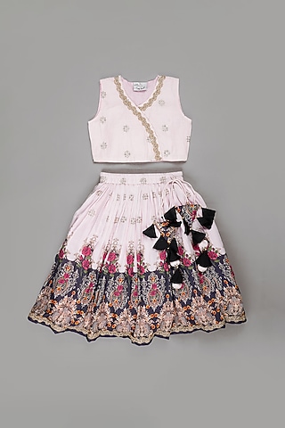 Powder Pink Pure Muslin Floral Printed & Zari Embroidered Lehenga Set For Girls by LITTLE BRATS