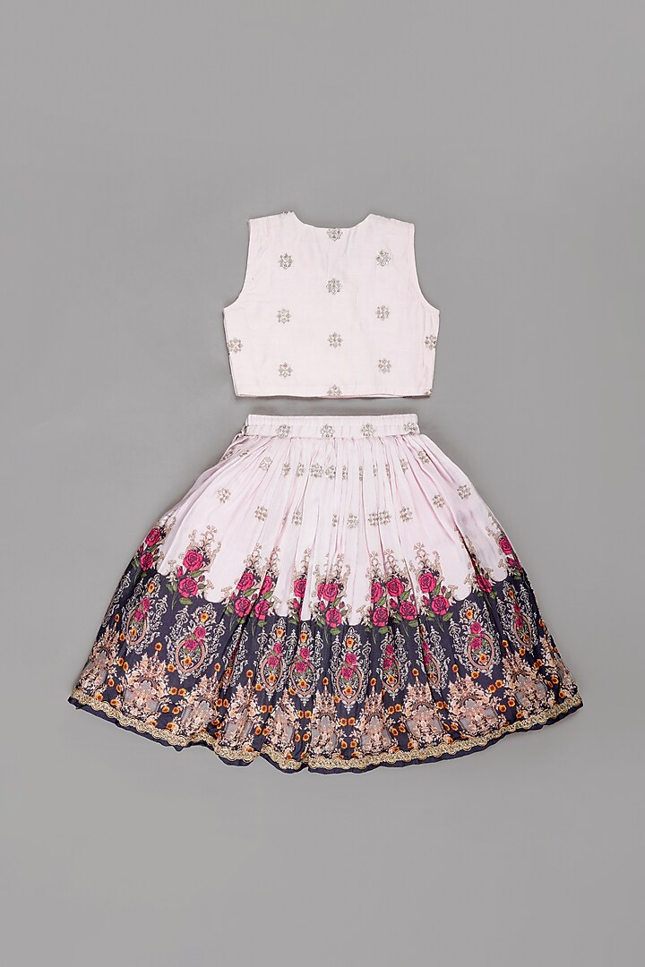 Powder Pink Pure Muslin Floral Printed & Zari Embroidered Lehenga Set For Girls by LITTLE BRATS at Pernia's Pop Up Shop