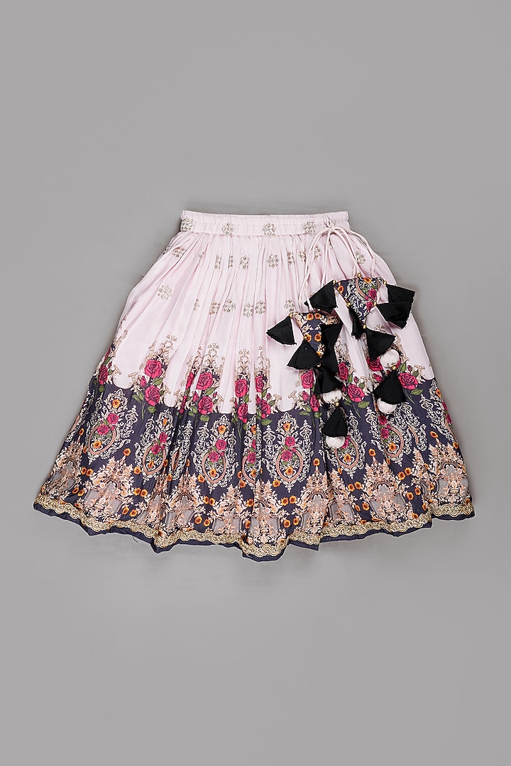 Powder Pink Pure Muslin Floral Printed & Zari Embroidered Lehenga Set For Girls by LITTLE BRATS at Pernia's Pop Up Shop
