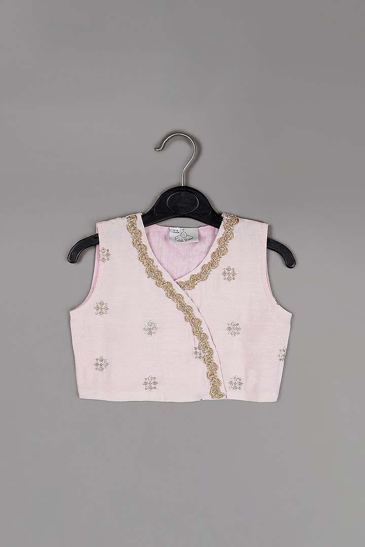 Powder Pink Pure Muslin Floral Printed & Zari Embroidered Lehenga Set For Girls by LITTLE BRATS at Pernia's Pop Up Shop