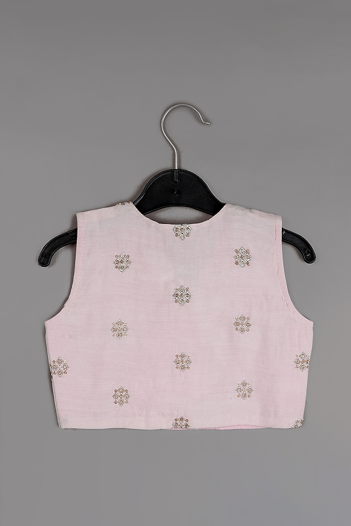 Powder Pink Pure Muslin Floral Printed & Zari Embroidered Lehenga Set For Girls by LITTLE BRATS at Pernia's Pop Up Shop