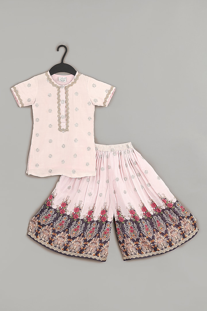 Powder Pink Pure Muslin Floral Printed & Zari Embroidered Sharara Set For Girls by LITTLE BRATS at Pernia's Pop Up Shop