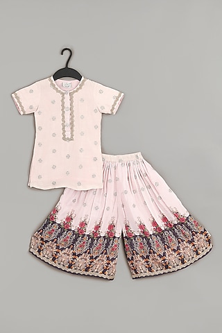 Powder Pink Pure Muslin Floral Printed & Zari Embroidered Sharara Set For Girls by LITTLE BRATS