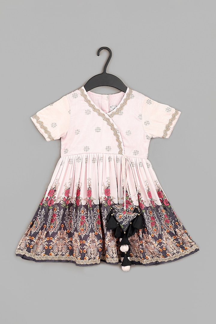 Powder Pink Pure Muslin Floral Printed & Zari Embroidered Dress For Girls by LITTLE BRATS at Pernia's Pop Up Shop