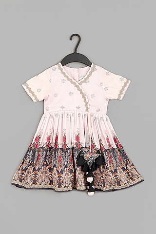Powder Pink Pure Muslin Floral Printed & Zari Embroidered Dress For Girls by LITTLE BRATS
