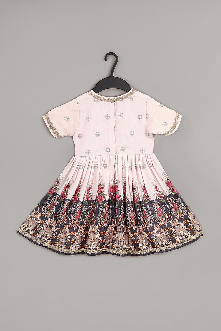 Powder Pink Pure Muslin Floral Printed & Zari Embroidered Dress For Girls by LITTLE BRATS at Pernia's Pop Up Shop