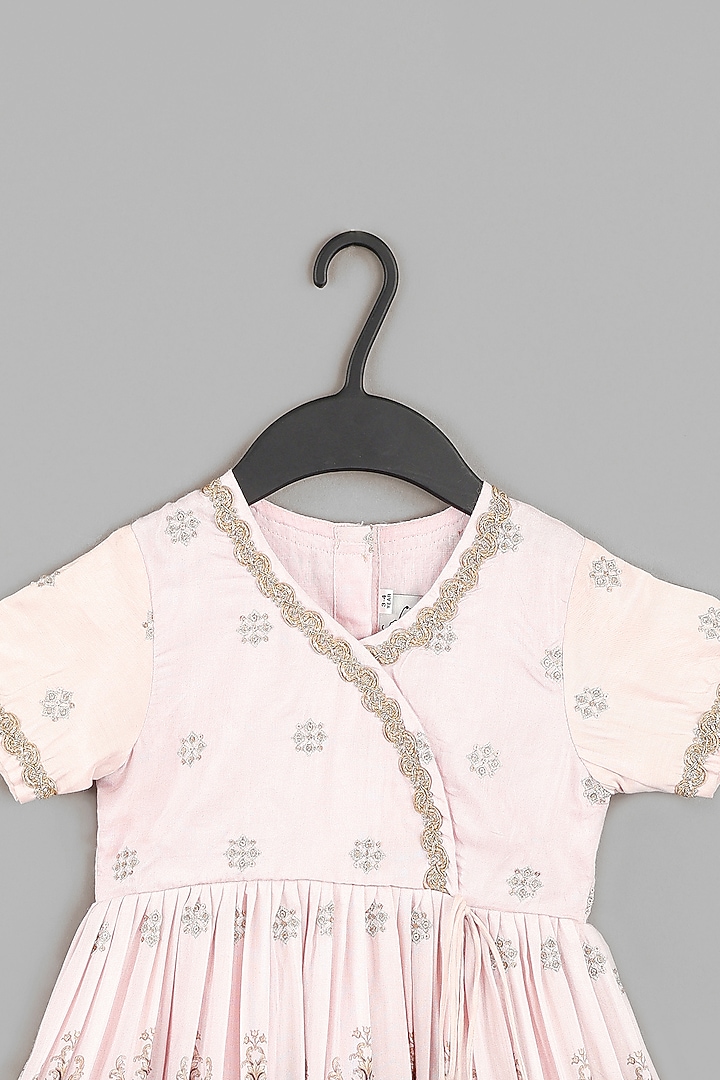 Powder Pink Pure Muslin Floral Printed & Zari Embroidered Dress For Girls by LITTLE BRATS at Pernia's Pop Up Shop