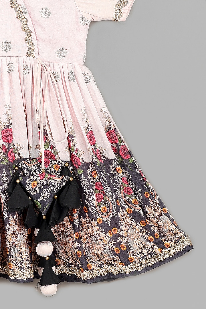 Powder Pink Pure Muslin Floral Printed & Zari Embroidered Dress For Girls by LITTLE BRATS at Pernia's Pop Up Shop