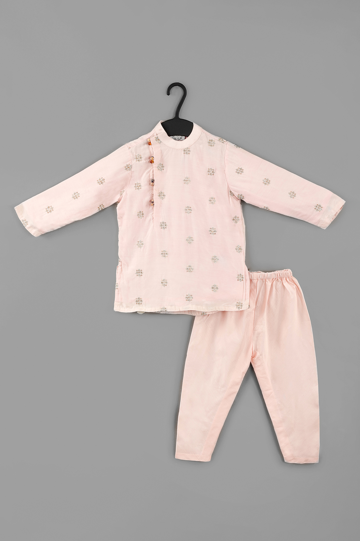Powder Pink Pure Muslin & Cotton Silk Zari Embroidered Kurta Set For Boys by LITTLE BRATS