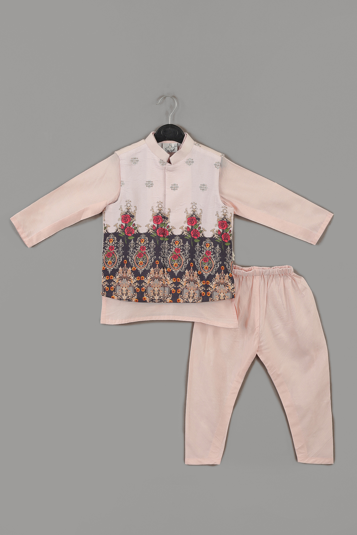 Powder Pink Cotton Silk Zari Embroidered & Floral Printed Bandhgala Set For Boys by LITTLE BRATS