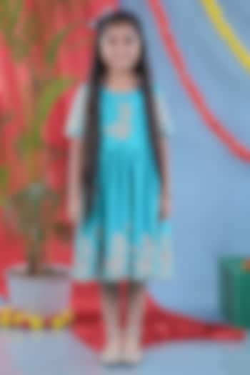 Peacock Green Satin Silk Floral Embroidered Dress For Girls by LITTLE BRATS at Pernia's Pop Up Shop